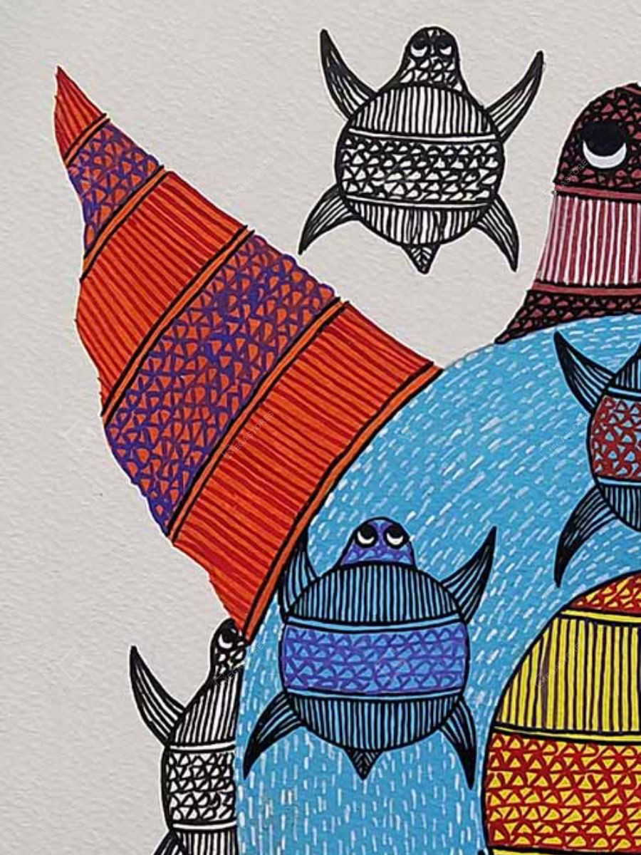Megastores - Hand Painted Multicolor Tortoise Gond Art Painting on